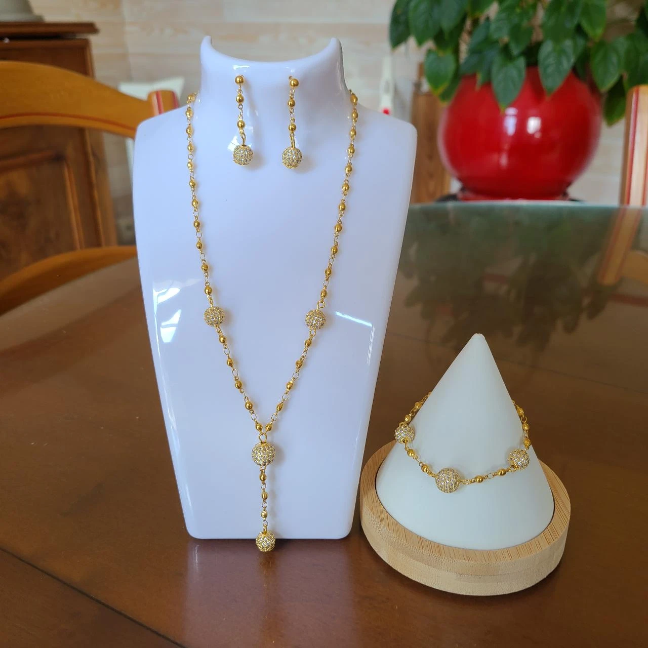 Conjunto de casamento Colar pulseira e brincos em corrente com pérolas de strass PA451 – photo 2